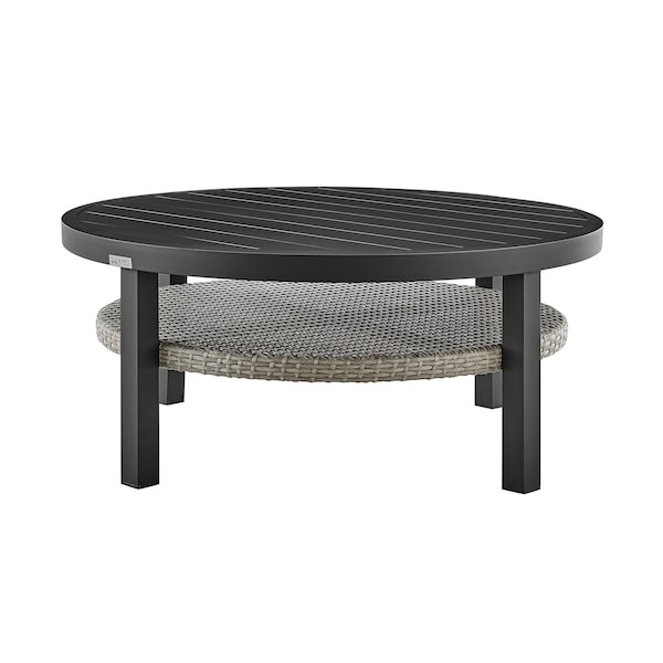 Armen Living Aileen Outdoor Patio Round Coffee Table in Black Aluminum with Gray Wicker Shelf 840254332508 - main